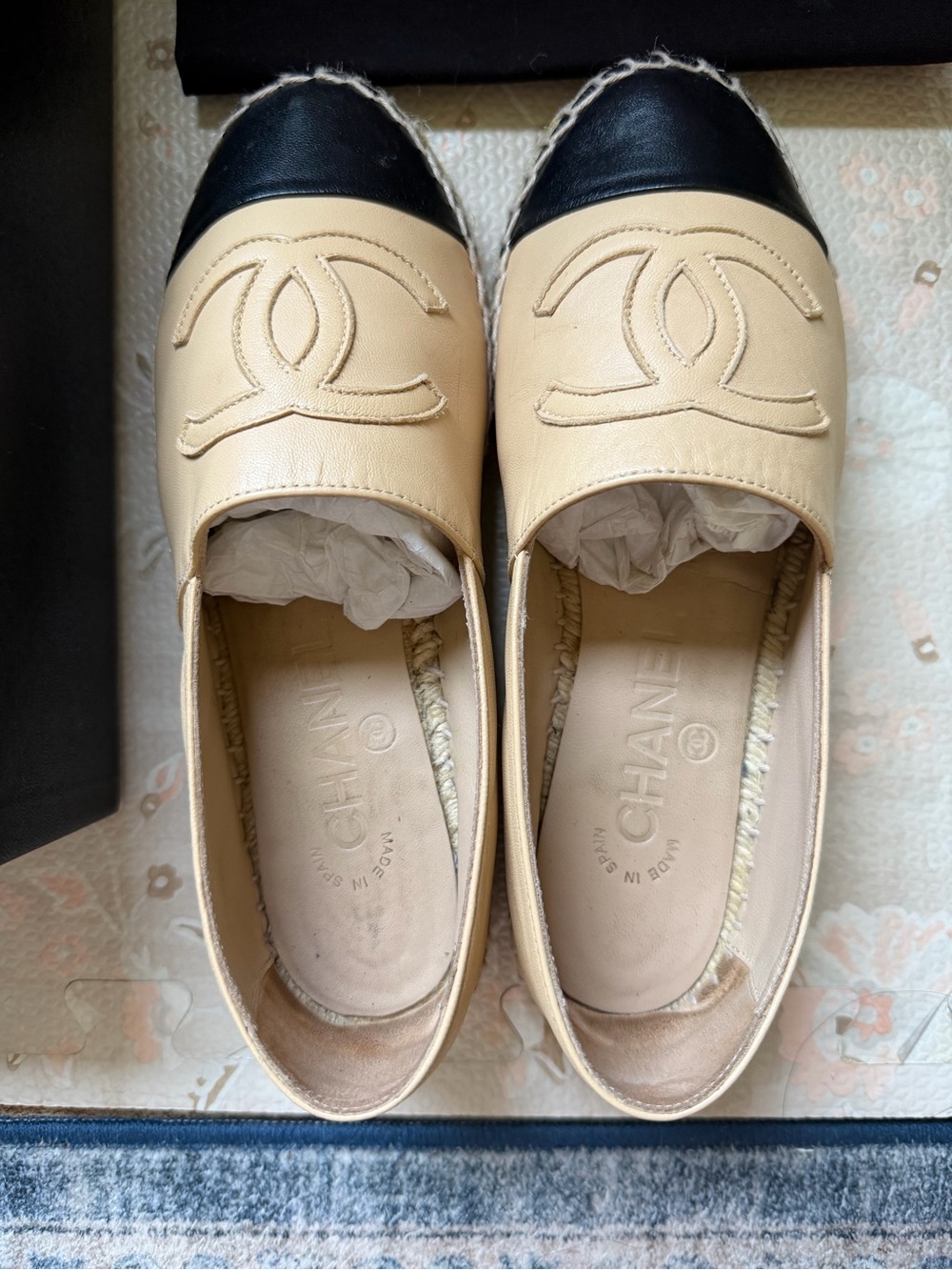 CHANEL Beige Leather Espadrilles with Black Cap-Toes - Picture 2 of 6